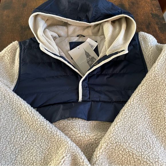 London Fog Dark Blue & Cream Color-Block Puffer-Panel Sherpa Hooded Pullover - Picture 7 of 14